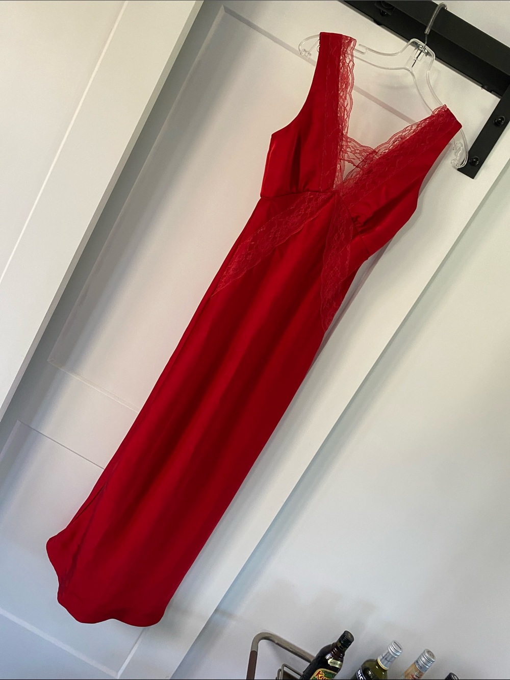 Red Lace-Trim Midi Dress slip satin silky